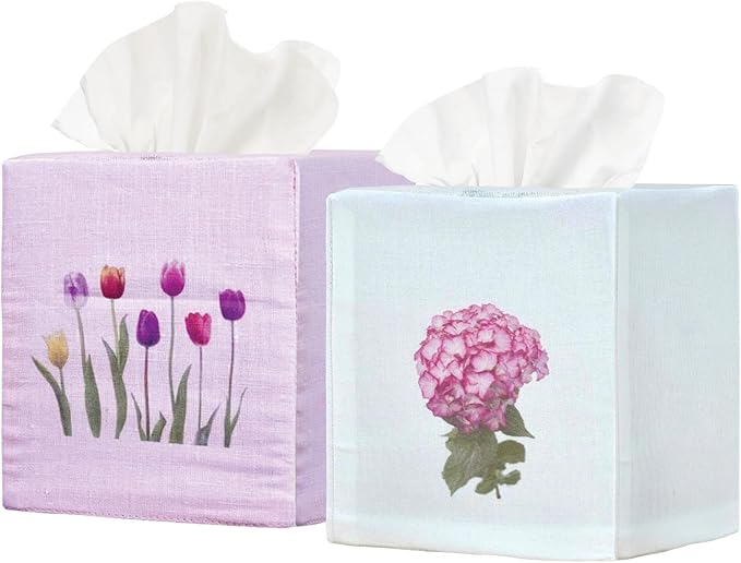 EmbroideryLinen.VN Tissue Box Cover Set of 2, Square Linen Tissue Holder, Printed Floral Design, 4.5x4.5x5.5 Inches, Decorative Holder for Bathroom, Living Room, Office (Tulip & Hydrangea)