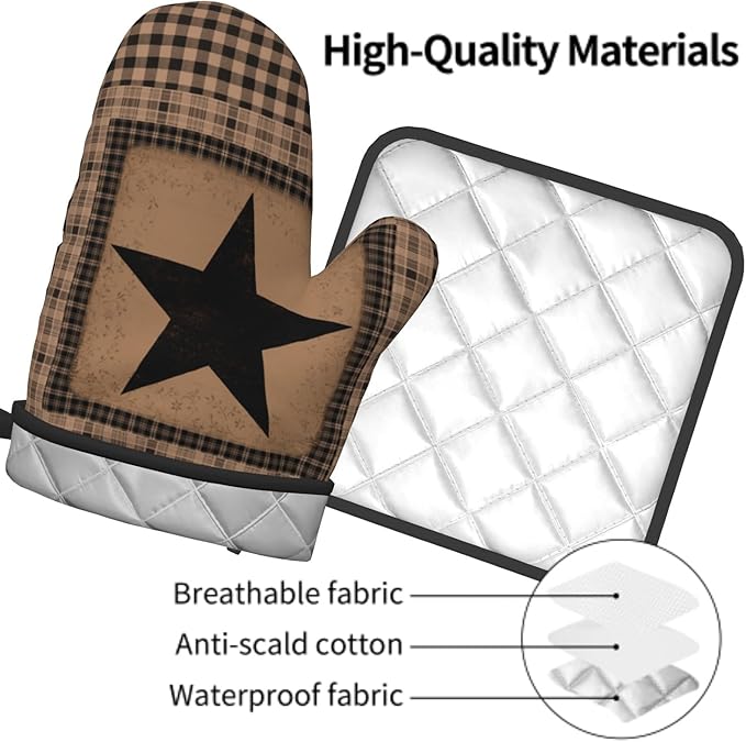 Western Oven Mitts and Hot Pads Set of 2 Texas Star Heat Resistant Non-Slip Cooking Oven Gloves Pan Mat Primitive Decorative Kitchen Accessories for Chef Baking Grilling