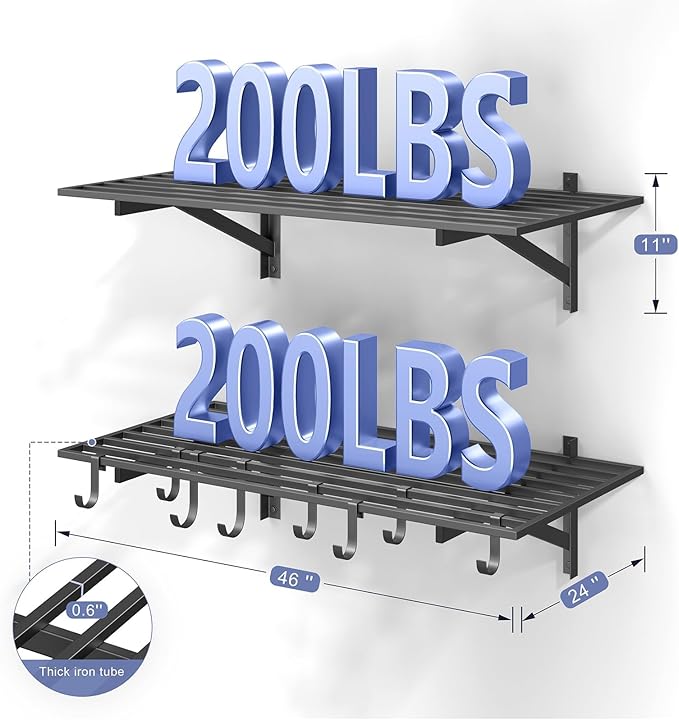 Jusgym 2-Pack 2x4ft Garage Shelving Wall Mounted, 2' x 4' Heavy Duty Garage Storage Shelves with Hooks, 400LB Capacity