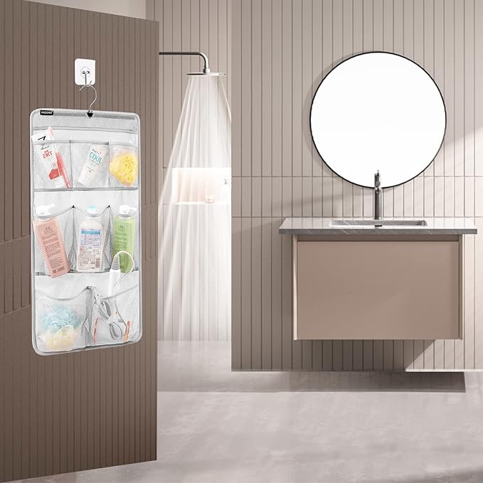 ANZORG Mesh Shower Organizer Hanging Caddy Quick Dry Bathroom Storage for Toiletry Accessories with Rotating Hanger (8 Pockets)