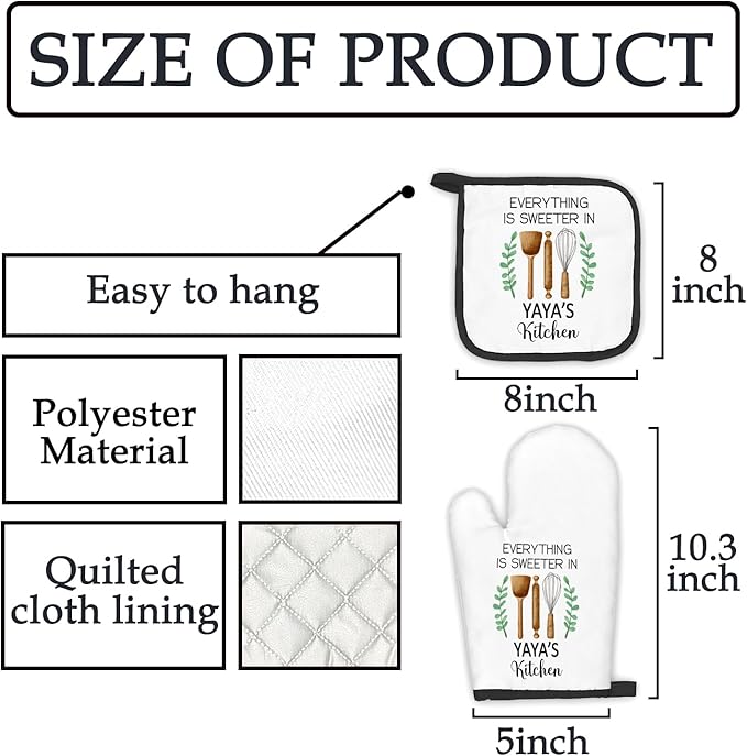 Yaya Gifts Oven Mitts and Pot Holders Sets, Gifts for Yayas from Grandkids Kitchen Decor Accessories Sets, Sweeter in Yaya's Kitchen Heat Resistant Oven Glove Potholders for Kitchens Cooking