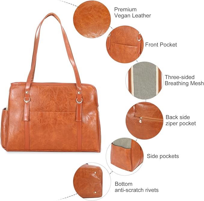 Lasaviin Dog Carrier Purse, Fashion Leather Pet Carrier with Pockets, Airline Approved Soft Sided Dog Carrying Bag for Puppy Cat Dog Brown