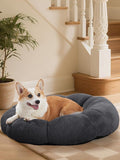 OhGeni 31 inches Calming Donut Orthopedic Dog & Cat Bed for Medium Pets, Warming Comfort Fluffy Short Pile Fur, Durable Waterproof Machine Washable Removable Cover, Cute Round Bed for Puppy, Dark Gray