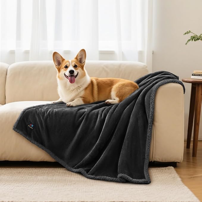 Luciphia Waterproof Bed Blanket Washable,Soft Sherpa Fleece Puppy Reversible Throw Blankets for Medium Large Dog Cat,Furniture Cover Protector Couch Bed from Liquid Pee and Pet Fur, Black,85" x 57"