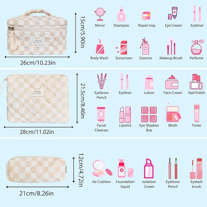 Quilted Cosmetic Bag Large Capacity Travel Cosmetic Bag for Women and Girls Aesthetic Storage for Daily and Travel Use (3pcs-browncheckered)