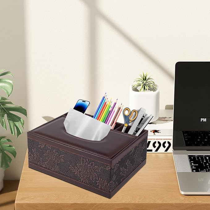 XNONE Tissue Box Cover Rectangle Retro Tissue Box Holder PU Leather Facial Tissues Organizer,Multifunctional Remote Control Stationery Storage Box,Home Office Supplies Car Napkin Caddy