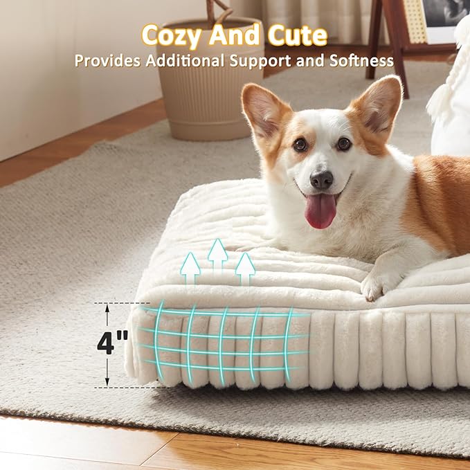 Dog Beds Large Sized Dog, Flat Pet Beds with Removable Washable Cover, Pet Mat Cute Pet Crate Bed Thick Shredded Chopped Crate Foam & Anti Slip Bottom for Indoor, 35"x23"x4" Cream