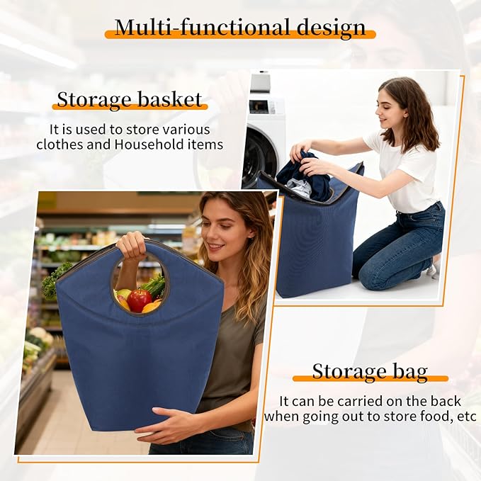Foldable Storage Hamper Bag with Soft Padded Handle, 22x21x12inch Multi-Purpose Oxford Fabric Laundry Basket, Collapsible Storage Bag for Home, Bedroom, Dormitory, Travel & Outdoor