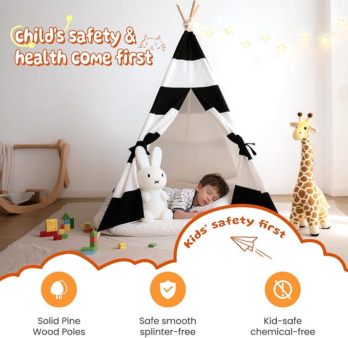 xiaowantong Teepee Tent for Kids with Padded Mat, Lights, and Carry Bag, Washable Playhouse for Indoor Use, Ideal Play Tent for Girls and Boys, Stripe Black