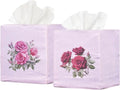 EmbroideryLinen.VN Tissue Box Cover Set of 2, Square Linen Tissue Holder, Printed Floral Design, 4.5x4.5x5.5 Inches, Decorative Holder for Bathroom, Living Room, Office (Rose)
