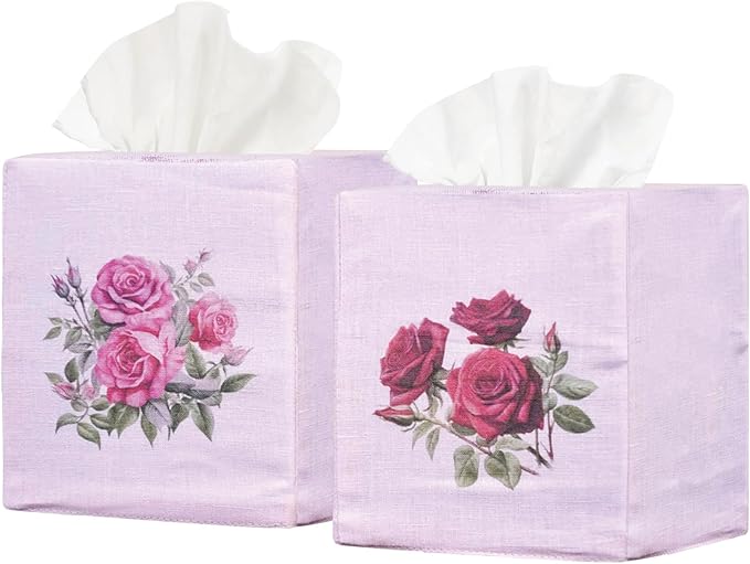 EmbroideryLinen.VN Tissue Box Cover Set of 2, Square Linen Tissue Holder, Printed Floral Design, 4.5x4.5x5.5 Inches, Decorative Holder for Bathroom, Living Room, Office (Rose)