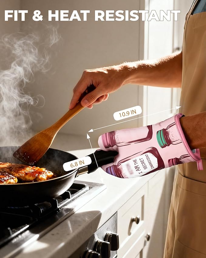 Slohif Funny Oven Mitt Heat Resistant for Women - 2 Pack Pink Cute Novelty Cool Kitchen Oven Mittens with 100% Cotton for Baking and Cooking Accessories