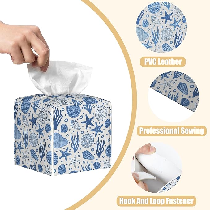 BLYKVGHQ Undersea World Square Tissue Box Cover Starfish and Seashell Tissue Box Holder Facial Cube Paper Dispenser Leather Decorative Organizer Home Office Desk Decor, 5.2"x5.2"x5.2"