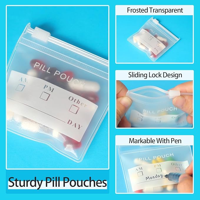 18 Packs Color Pill Pouch Bags 12mil 3 x 2.75 Inch bpa-Free, Frosted Clear EVA Materials, Heavy-Duty Thick Plastic Bags, Seal Zipper for Travel Medicine Organizer, Jewelry, Small Craft Pieces-Clear