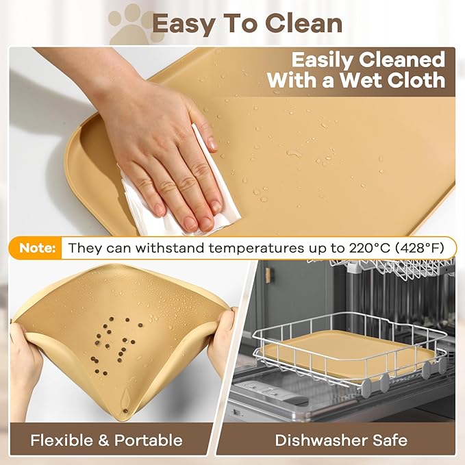 Smilool Silicone Pet Food Mat with Raised Edge for Food and Water Bowl, Dog Feeding Mats, Cat Food Trays for Floor Waterproof, Rubber Tray for Dogs and Cats, 22 x 14 x 0.8 Beige