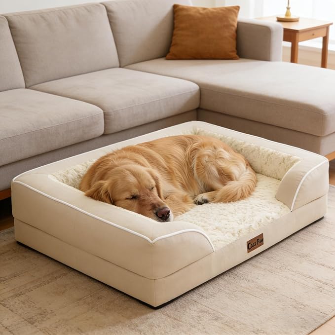 Casa Paw Orthopedic Dog Beds for Large Sized Dogs, Waterproof Memory Foam Large Pet Bed with Sides 36x27Inch, Non-Slip and Egg-Crate Foam Big Dog Couch Bed with Removable Washable Cover, Beige