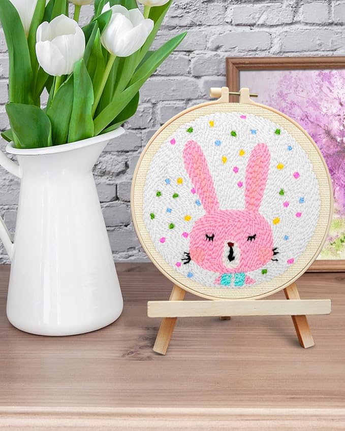 ERKOON Punch Needle Kit Adults Beginners, DIY Easy Animals Embroidery Set for Starter Art Craft, Needling Punch Project with Patterns, Tools, Yarns, Hoop, Instruction (Rabbit)