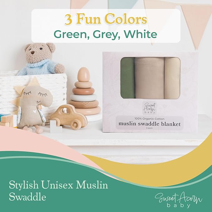 Sweet Acorn Muslin Swaddle Blanket – Soft Cotton Muslin Baby Blanket for Newborns, Infants, and Toddlers, All-Season Comfort Baby Essential - Green, Grey, White