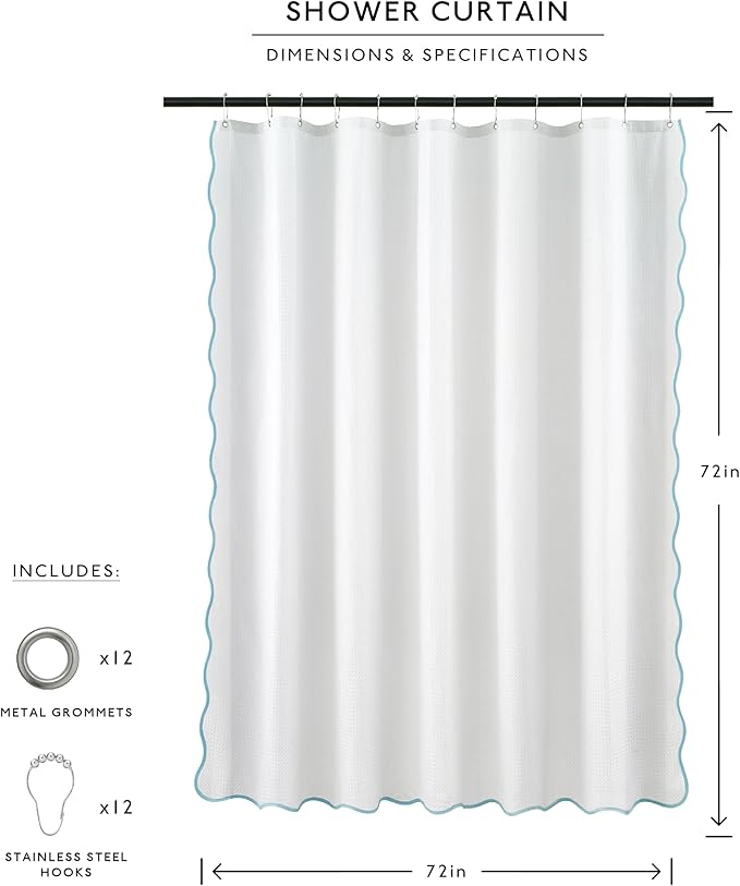 MONDAY MOOSE Scalloped Waffle Weave Shower Curtain with Rustproof Metal Grommet Holes for Bathroom, Machine Washable, Hooks Included (72x72 inch, Sky Blue/White)