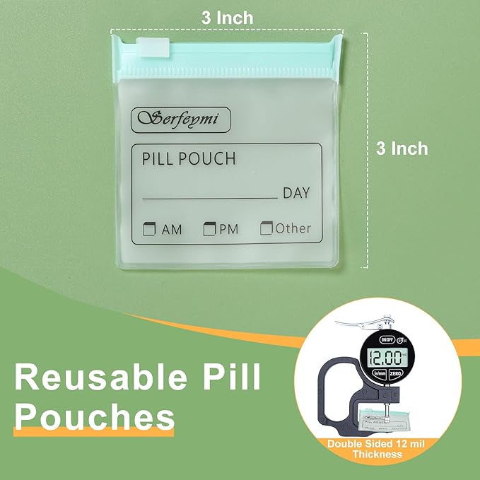 Serfeymi 48 Pcs Pill Pouch Bags for Travel Reusable Plastic Bags 3x3 Inch 12 mil (Double Sided) Translucent Zippered Pill Pouches for Medicine with Slide Lock & Writable Label, 1 Pc Marker-Green+White