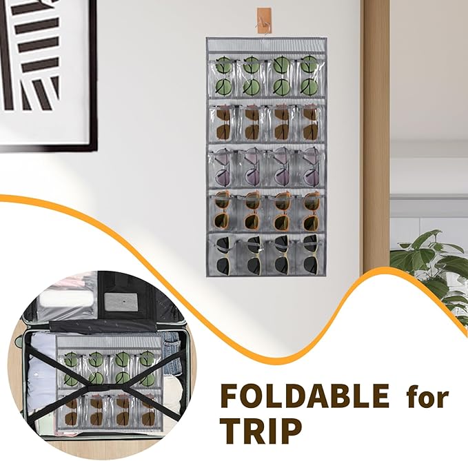 TEMUORG 2 Pcs Sunglasses Organizer Storage Sunglass Holder for Wall Hanging Eyeglass Organizer for Multiple Glasses (GRAY)