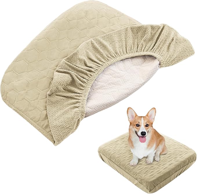 Nanbowang Waterproof Dog Bed, Washable Pet Pillow Cover, Quilted, Lovely Puppy Bed for Dog/Cat (32x44x6, Beige)