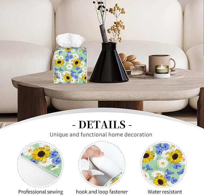 POIUBLE Tissue Box Holder Sunflowers, Cornflowers and Chamomile Tissue Box Cover Square Leather Tissue Holder Organizer Portable Decorative Facial Paper Case for Home Office Bathroom Vanity Countertop