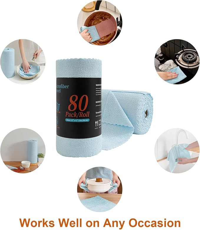 Tigona 80 Pack Microfiber Cleaning Cloth Roll,Lint Free Rags & Tear Away Reusable Towels Washable Scratch,Ultra Absorbent Dish Rags(12" x 12") for Car Kitchen Home Garage-Blue