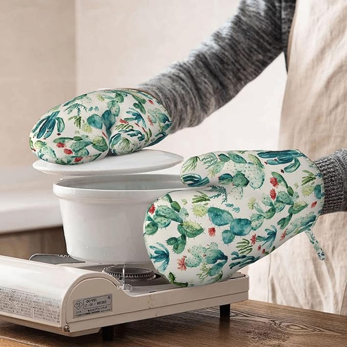 Oven Mitts 2 Pack, Silicone Kitchen Gloves, Heat Resistant with Non-Slip Grip and Soft Quilted Cotton Lining for Cooking Barbecue Backing (Cactus Flower)