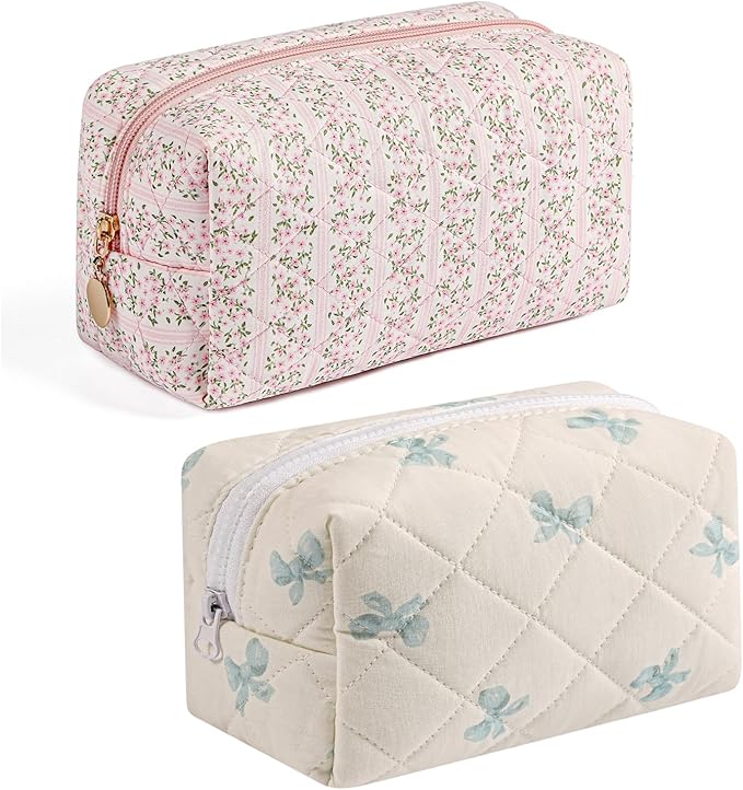 Gleyemor 2 Pieces Quilted Makeup Bag, Cute Floral Cosmetic Bag for Women, Cotton Make Up Bag Set, Flower Travel Toiletry Bag (Pink Floral+ Blue Bowknot)