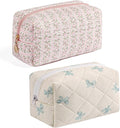 Gleyemor 2 Pieces Quilted Makeup Bag, Cute Floral Cosmetic Bag for Women, Cotton Make Up Bag Set, Flower Travel Toiletry Bag (Pink Floral+ Blue Bowknot)