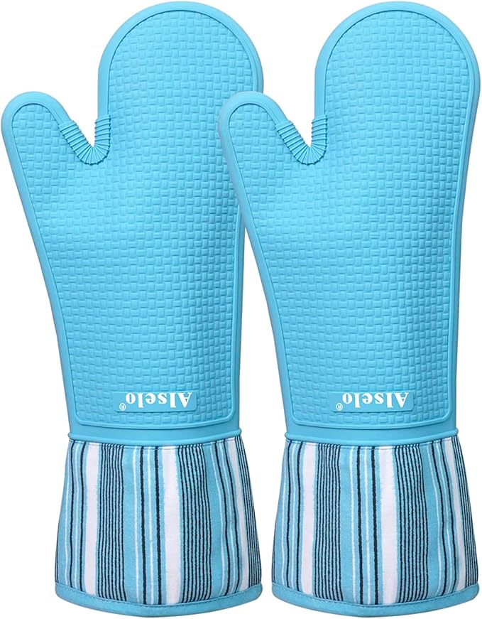 Oven Mitts Heat Resistant Silicone Kitchen Gloves for 550 Degrees with Waterproof and Non-Silp, Oven Gloves for Baking Cooking Barbecue Microwave Machine Washable (2, Extra Long Sapphire)