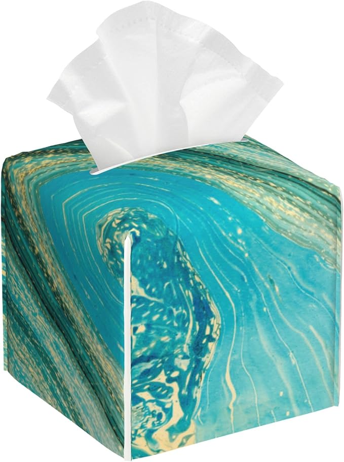 Leather Tissue Box Holder Turquoise and Gold Liquid Marble Tissue Box Cover Facial Paper Case Organizer Cube Napkin Dispenser for Bathroom Vanity Countertop Night Stand Office Car