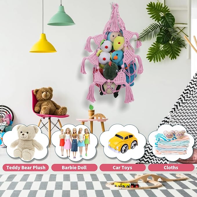 iHansee Stuffed Animal Hammock Corner, 56 Inch Jumbo Macrame Ceiling Toys Net, Pink Wall Hanging Organizer Holder Plush Storage Display Net Mesh with LED Lights for Nursery Playroom Kid Room Decor