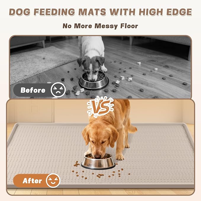 47" x 35" Silicone Dog Food Mat, Waterproof Pet Feeding Mat with Raised Edge, Extra Large Dog Bowl Mat Non-Slip Water Bowl Placemats for Dogs, Protects Floors, Easy to Clean (Beige)