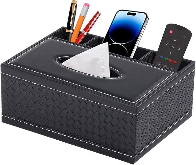 XNONE Tissue Box Cover Rectangle Black Tissue Box Holder PU Leather Facial Tissue Organizer,Multifunctional Remote Control Stationery Storage Box,Home Office Supplies Car Napkin Caddy