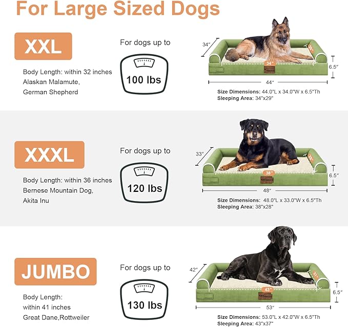 Large Dog Bed Orthopedic Washable: Jumbo Dog Bed Bolster Extra Large Dogs Egg Crate Foam Sofa Couch Waterproof Removable Cover - Grass Green