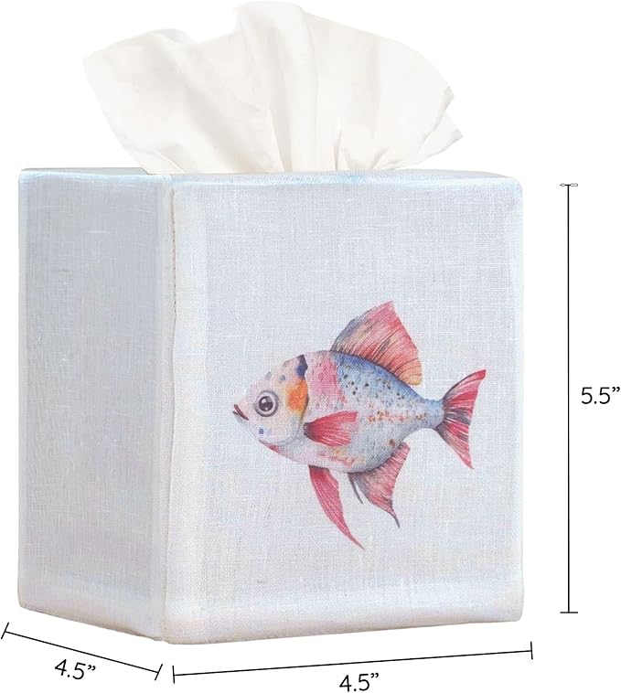 EmbroideryLinen.VN Tissue Box Cover Set of 2, Square Linen Tissue Holder, Printed Animal Pattern, 4.5x4.5x5.5 Inches, Decorative Holder for Bathroom, Living Room, Office (Fish)