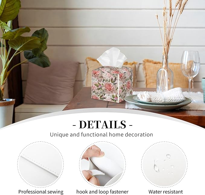 POIUBLE Leather Tissue Box Holder Watercolor Peony Flowers Tissue Box Cover Square Waterproof Tissue Holder Organizer Modern Napkin Holder for Bedroom Dresser Night Stand Office Desk