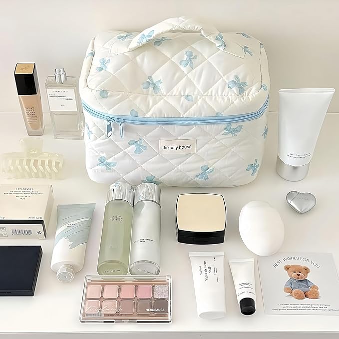 Cozomga Quilted Makeup Bag, Large Capacity Travel Cosmetic Bag for Women and Girls, Aesthetic Storage for Daily and Travel Use (Bow Quilted)