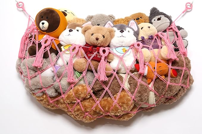 YKBU Stuffed Animal Net or Hammock Macrame Toy Diaplay Plush Toy Holder Corner Wall Hanging Net for Stuffed Animal Storage (Pink,49" W)