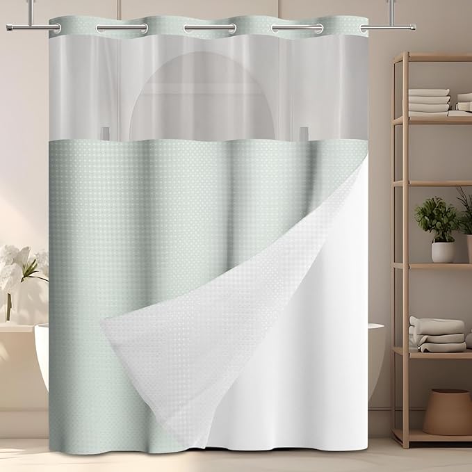 GICDSU No Hook Shower Curtain with Snap in Liner, Waffle Shower Curtain Set for Bathroom, Hotel Style with Semi-Sheer Top Window, Waterproof & Washable, Sage Green, 59" W x 75" L