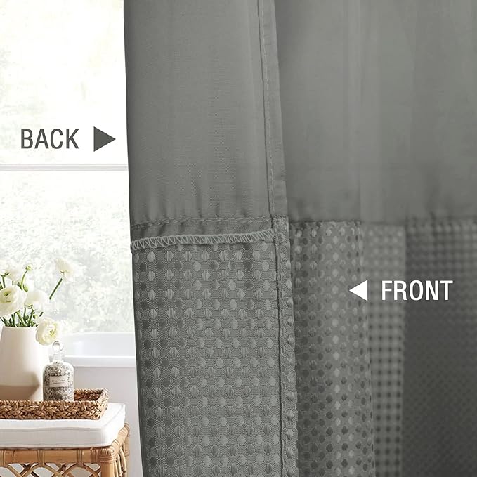 Gibelle Waffle Weave Shower Curtain with Mesh Top Window and Hooks Set, Spa Like Hotel Style Fabric Shower Curtain for Bathroom, Grey, 72x72