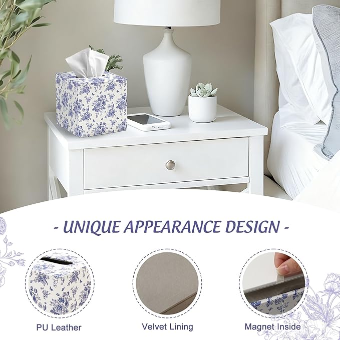 JarThenaAMCS Blue Floral Tissue Box Cover with Magnetic Closure PU Leather Tissue Holder Chinoiserie Flower Butterfly Square Napkin Box for Home Office Bedroom Countertop Decor
