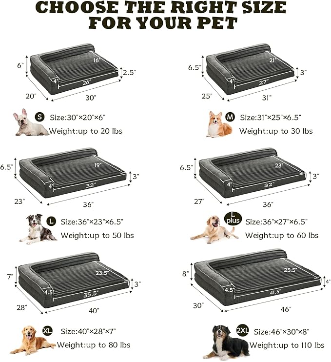 WINDRACING Orthopedic Dog Beds for Large Dogs, XLarge Waterproof Dog Bed with L Bolster Sides, Washable Big Pet Bed with Removable Cover & Non-Slip Bottom, 40 x 28 inch, Gray
