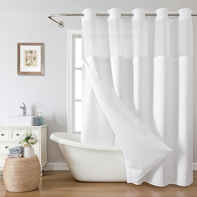 eachope Extra Long No Hook Shower Curtain with Snap-in Fabric Liner Set,White Waffle Weave Shower Curtains for Bathroom,Hotel Luxury Decor Bathroom Curtain Set,Waterproof & Washable,71Wx86H
