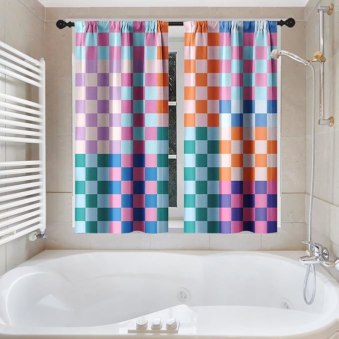 Culudea Retro Checkered Aesthetic Colorful Shower Curtain Set, Funky Checkerboard Modern Bathroom Window Waterproof Shower Curtain Set for Bathroom Decor