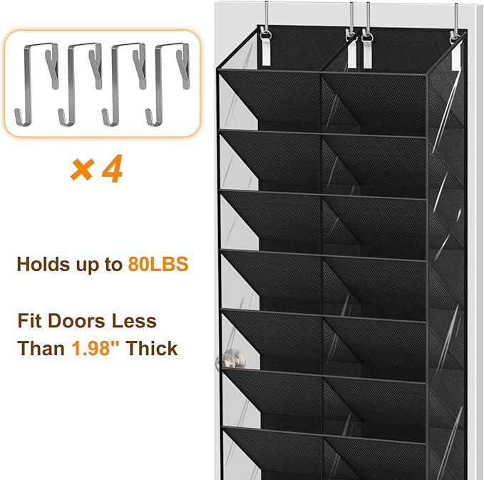 UVIAHOMI 30 Pairs Over the Door Shoe Organizer, Clear Pockets Hanging Shoe Storage for Closet, 10-Tier Door Shoes Rack Storage, Handing Shoes Holder Fit All the Family's Sneakers, Boots, Heels, Black