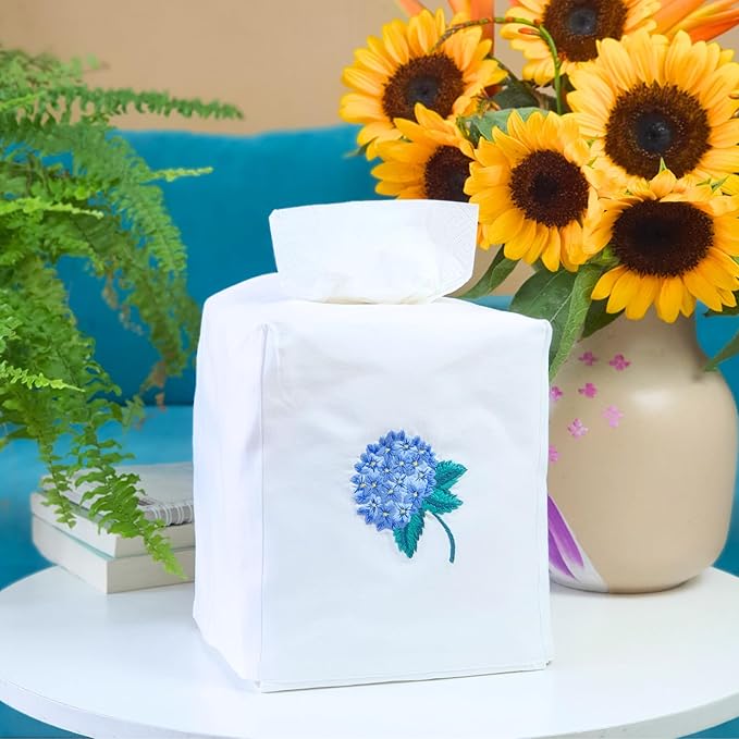 Fabric Tissue Box Cover Set of 2, Vintage Floral Embroidery Hydrangea Tissue Holder, Bouquet Wrapping Bag, Car Tissue Holder, Tissues Box Cover Square 5.9"X5.9"X7", White Square Tissue Box Cover