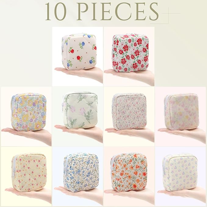 Paterr 10 Pcs Quilted Makeup Bag Bulk Cotton Floral Cosmetic Bag Women Girls Bridesmaid Gifts Cute Makeup Pouch Coquette Aesthetic Travel Toiletry Organizer(Floral Style,5.12 x 4.72 x 1.97 Inches)